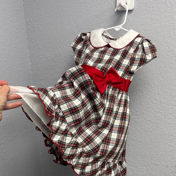 Bonnie Jean Girls 3T Red Bow Sash Plaid Gathered Ruffled Zip Back Dress, EUC - Picture 3 of 8